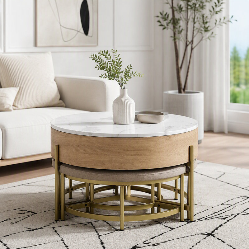 Table basse ronde moderne avec plateau relevable avec rangement et 3 poufs, Naturel, blanc