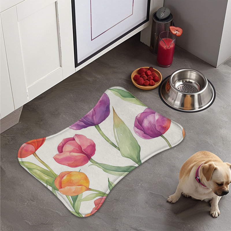Seamless Watercolor Flowers - 1 Piece Bone Shape Feeding Mat, Medium (18")