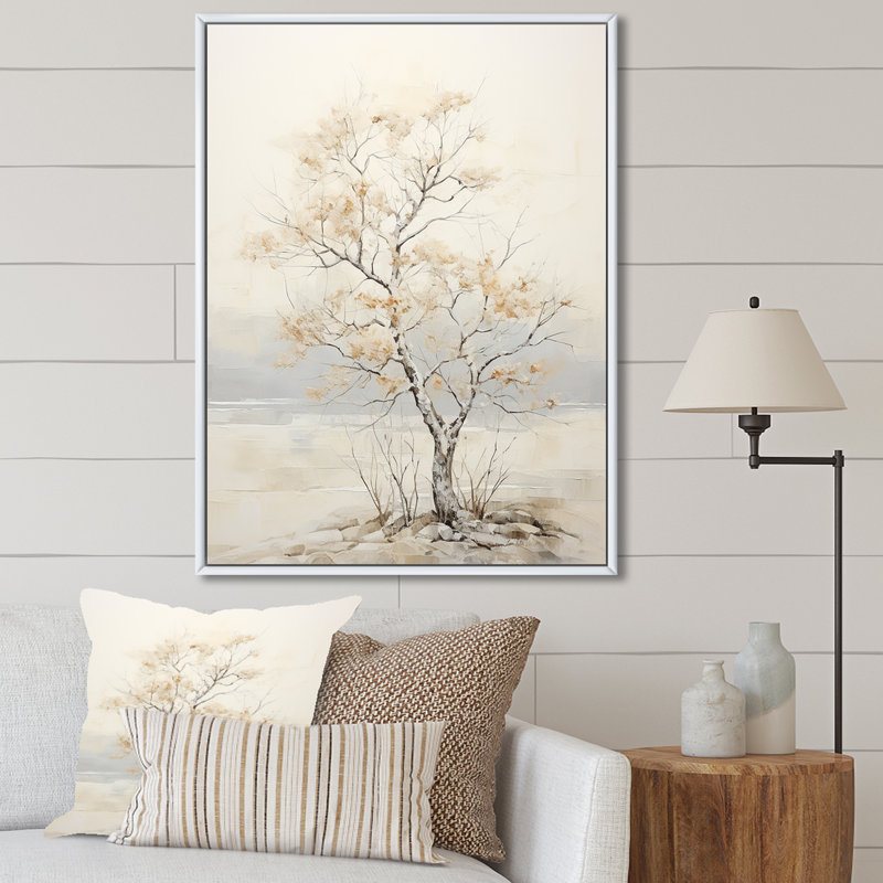 «Minimalisme», arbre d'érable beige Melody I sur toile, H 20 po x l 12 po x P 1 po, Cadre flottant blanc