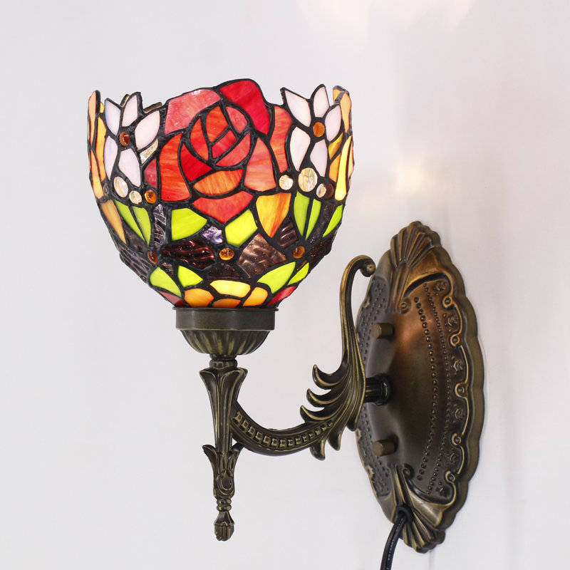 Tiffany Wall Sconce Lamp Blue Stained Glass Flower Style 6X10.5X11 Inch Plug in Wall Bedside Light for Hallway Bedroom (Red Rose Style)