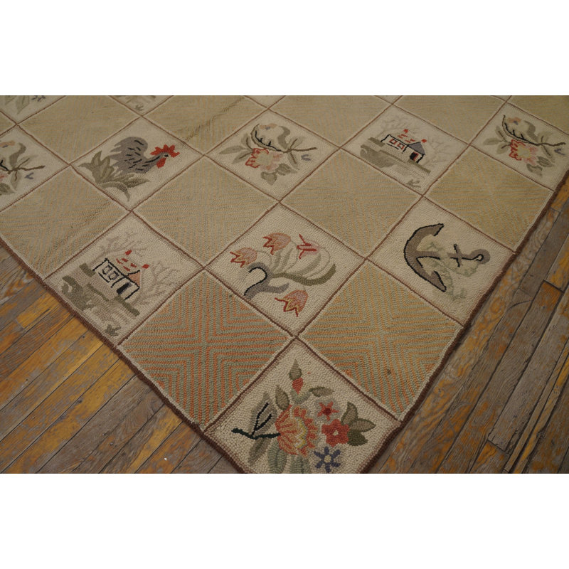 Antique American Hooked Rug Large Wool Ivory