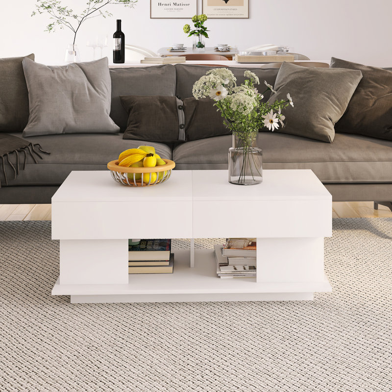 Table basse à rallonge de 41,30 po avec espace de rangement caché, compartiments de rangement multiples, Blanc