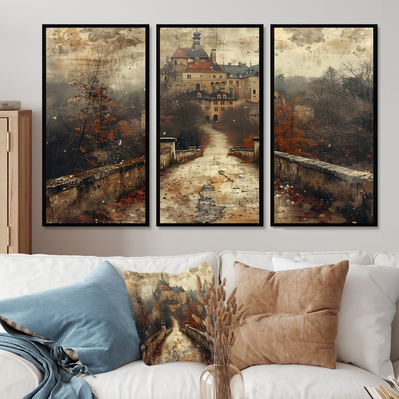 Beige, orange, automne, château rustique en Europe I - Châteaux, ensemble d'art mural, H 28 po x l 36 po x P 1 po