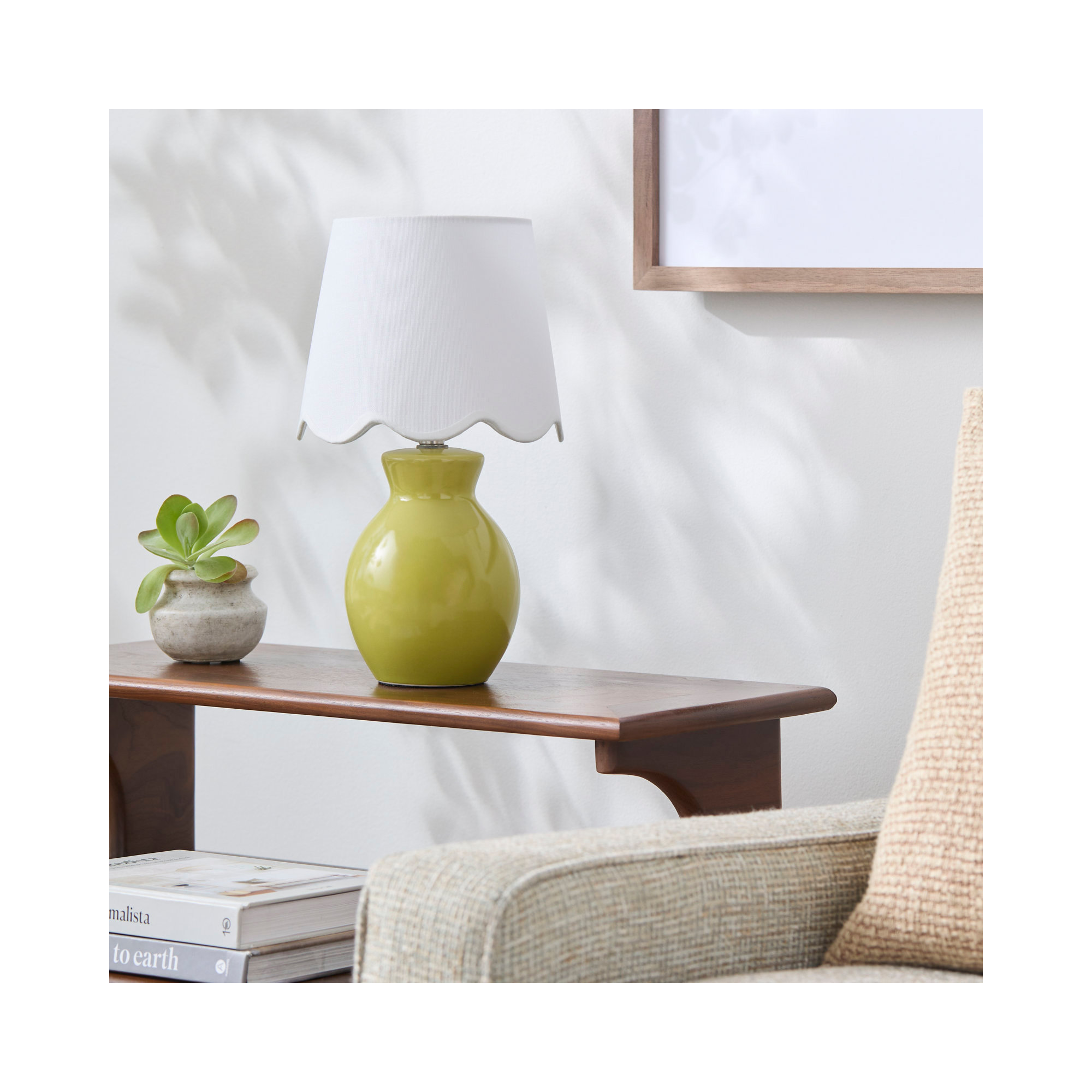 Momsen Scallop Shade Lamp, Chartreuse, 15"" H x 8"" W x 8"" D, White Twill