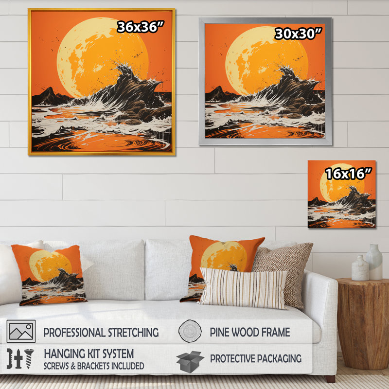 «Tangerine Skies Ocean Waves 1 - Coastal Sunset», art mural, Cadre flottant doré, H 36 po x l 36 po