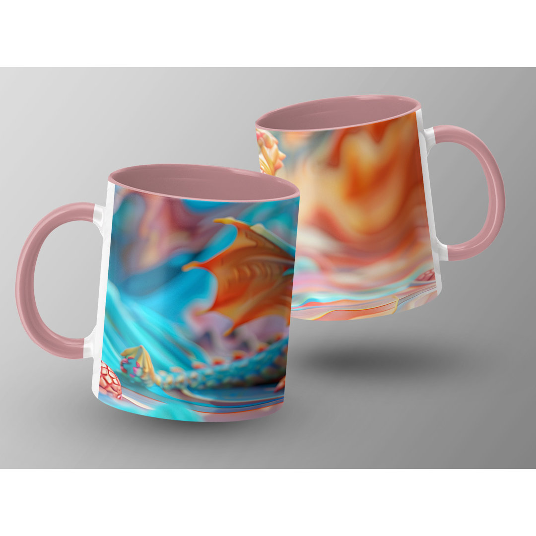 Set of 2 Colourful 3D Design 11oz Accent Mugs – White Ceramic Coffee Cups with a Pink Handle and Interior