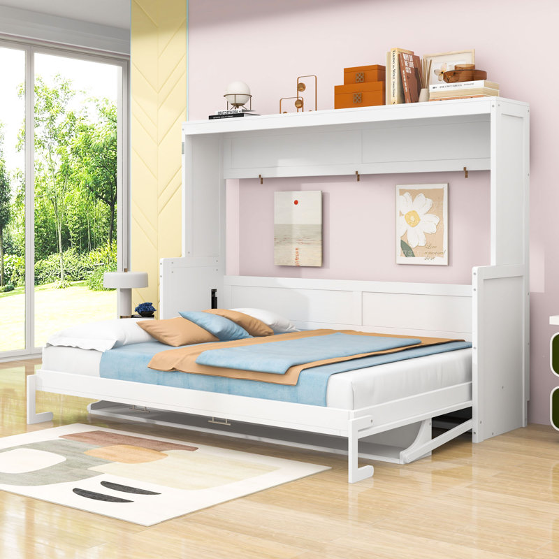 Lit escamotable mural avec tablettes, Blanc, Grand