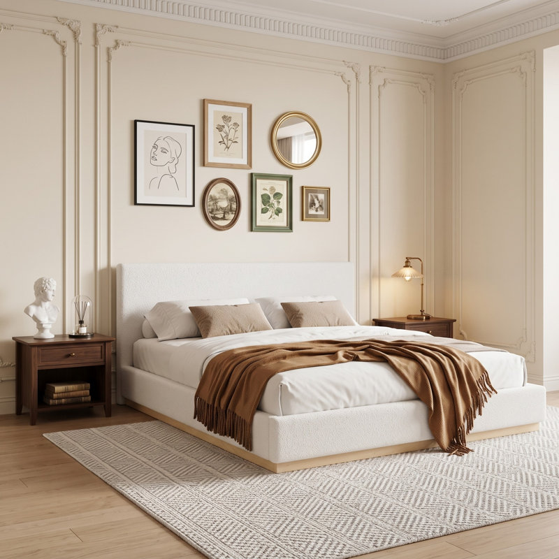 Lit tapissier élégant avec cadre de lit naturel texturé grain, King