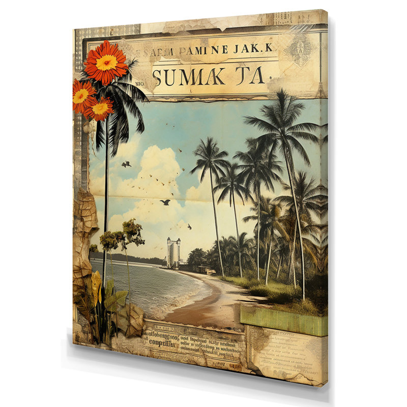 Collage rétro de palmiers de Floride et plage I sur toile rétro, Toile tendue, H 32 po x l 24 po x P 1 po