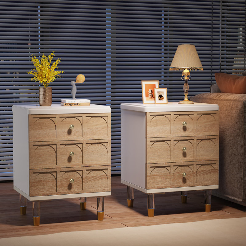 3-Drawer Modern Nightstands with Acrylic Legs, Set of 2, Brown/White