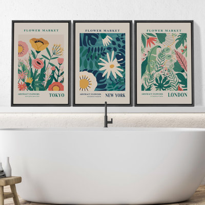 " Flower Market New York City Abstract Floral Botanical Modern Art Colorful Multicolor Pastel " 3 - Pieces