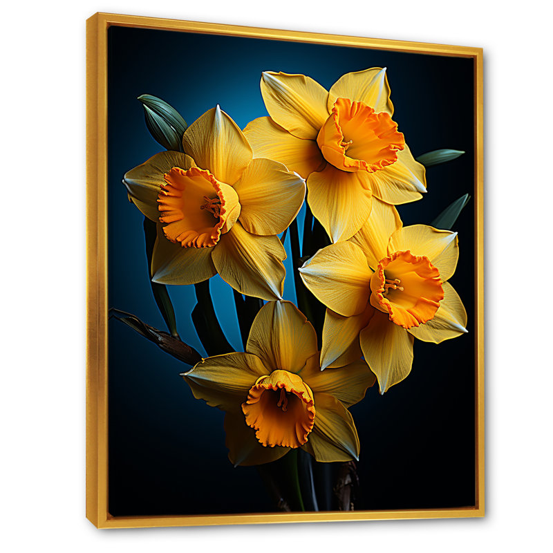 «Yellow and Orange Daffodil Bloom Dance» sur toile, H 20 po x l 12 po x P 1 po, Cadre flottant doré