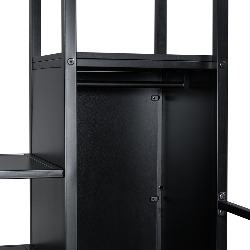 Lit mezzanine noir en métal pleine grandeur avec poste de jeu et de travail intégré, escalier de rangement pour garde-robe pour l'apprentissage social