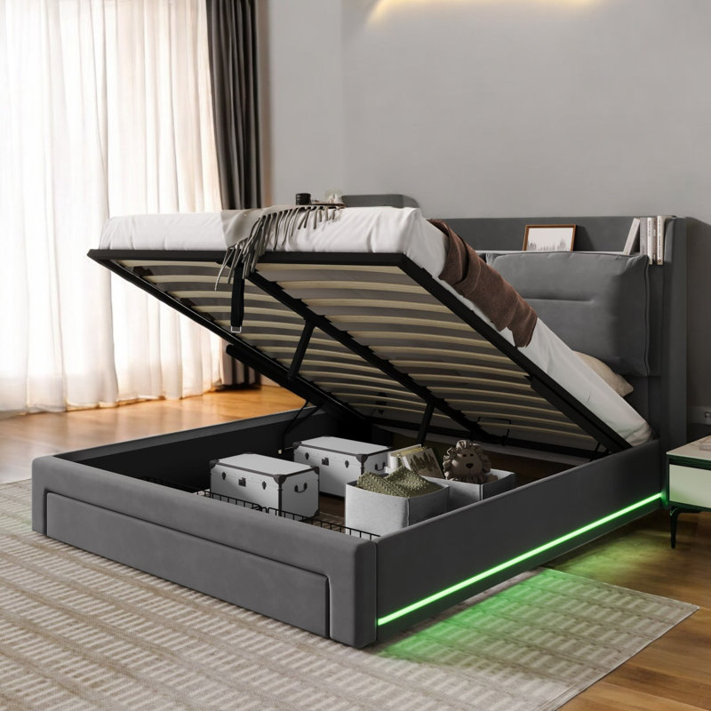 Cheveyo Upholstered Ottoman Bed With 2-in-1 Storage Drawers, Dark Grey, King