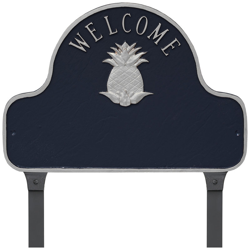 Pineapple Welcome Arch Address Sign Plaque with Lawn Stakes, Sand/Silver