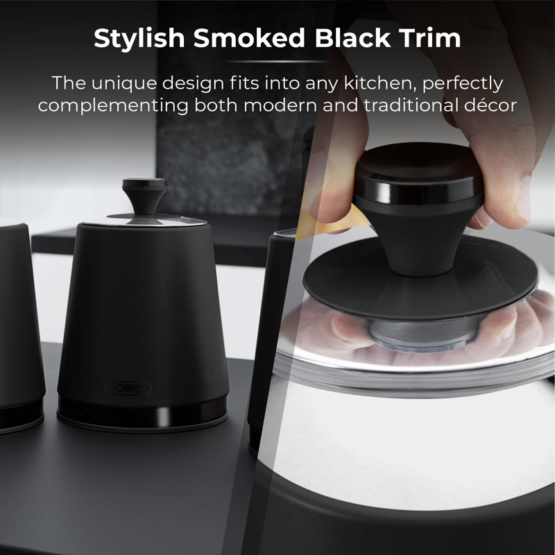 Tower Sera Set of 3 Canisters with Removable Lid, Carbon Steel Body, with Smoked Black Trim, Black