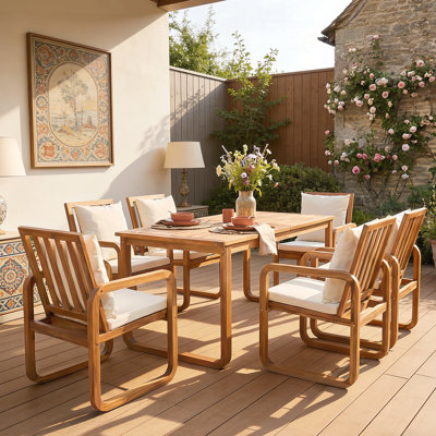 7-Piece Outdoor Patio Dining Set with Acacia Wood Table, Chairs, and Removable Cushions for Garden and Backyard