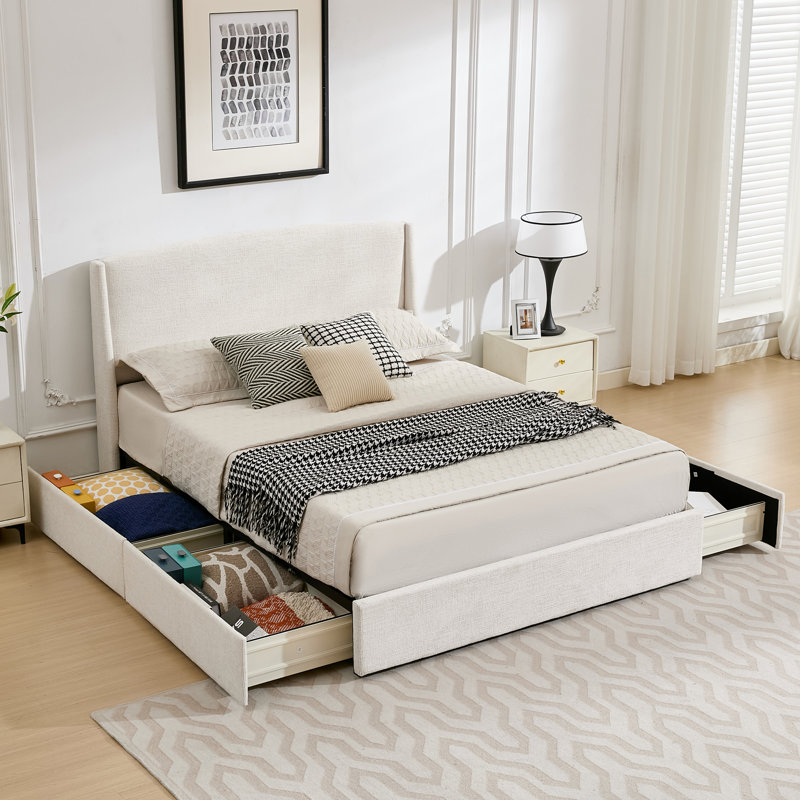 Lit plateforme tapissier avec rangement et 4 tiroirs, beige, double, Full