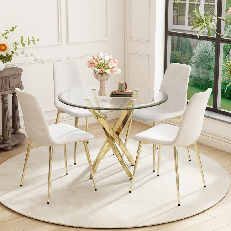 Ensemble de salle à manger à piédestal en verre 5 pièces, Or, White/Gold