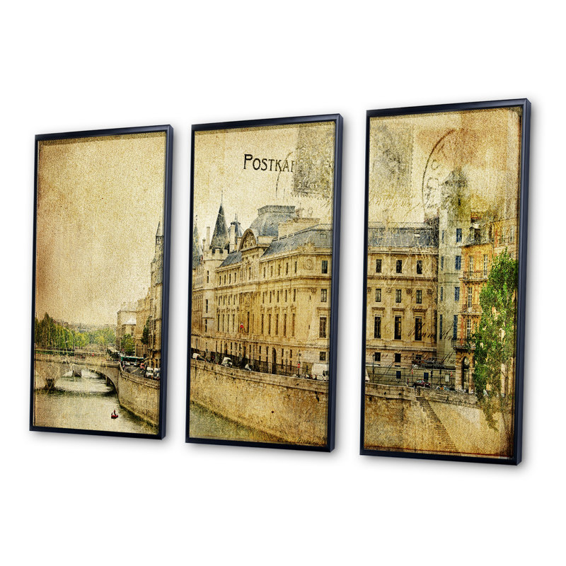 Vieilles cartes parisiennes - ensemble de 3 toiles d'art encadrées, L 36 po x H 28 po, Noir