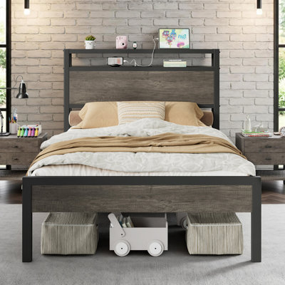 Tryston Twin Size Bed Frame With Storage Headboard&Charging Station,Grey