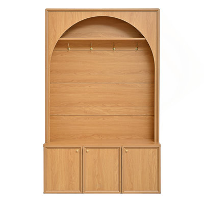 71" Modern Farmhouse Hall Tree with Arched Silhouette, Entryway Storage Bench with 3 Cabinets and 4 Golden Hooks