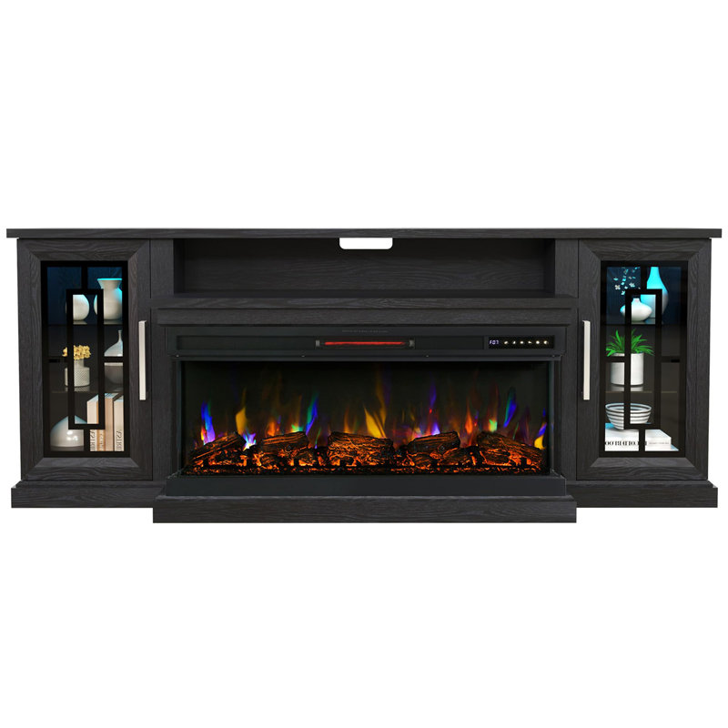 75" Highboy Electric Fireplace TV Stand - 40'' 3-Side Tempered Glass LED, Customizable Flame Effects, Fits 80/85'' Televisions, Modern Living Room Media Console, Black