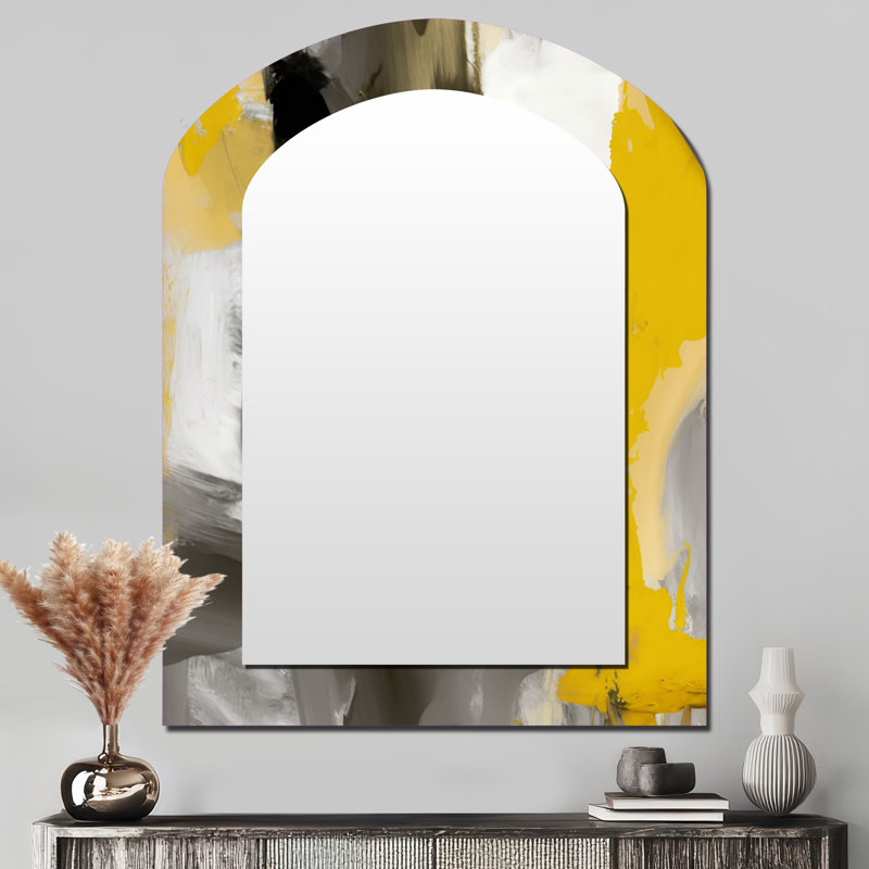 Mustard Yellow And Vivid Gray II - Abstract Asymmetrical Mirror, White Arch Decorative Wall Mirror, Printed Metal Art
