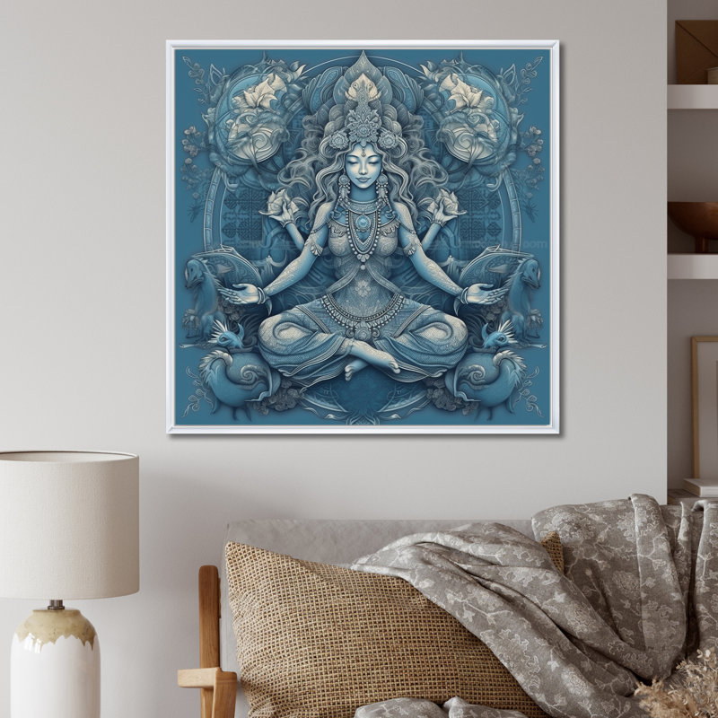 Divine déesse Yogini en bleu divin I - impressions d'art mural de yoga, H 16 po x l 16 po x P 1 po, Cadre flottant blanc