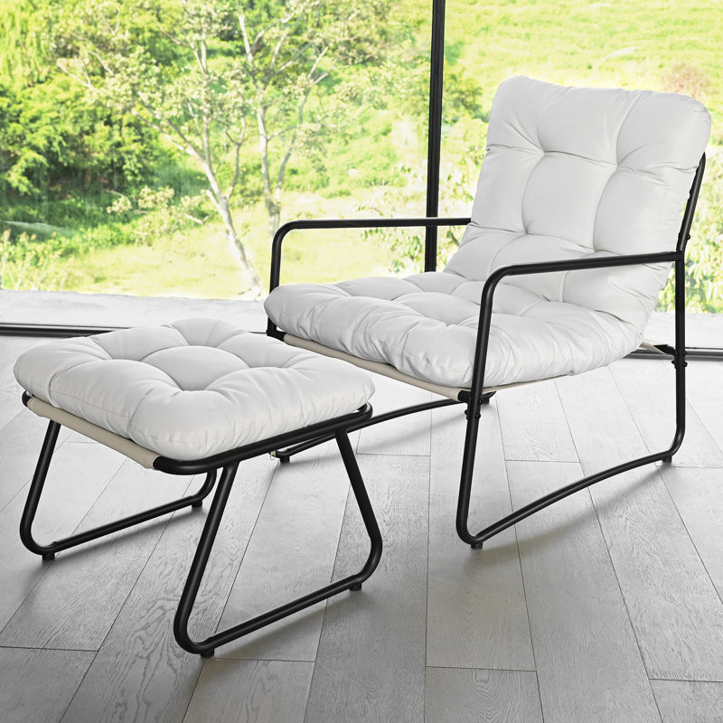 Patio Accent Chair with Ottoman, Outdoor Lounge Chair and Footrest with Padded Cushion, 2-Piece Modern Metal Outdoor Patio Chair Set with Footstool for Living Room, Porch, Bedroom, Off-White