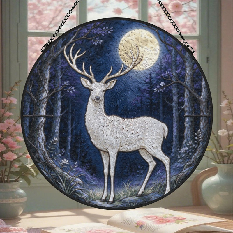 Panneaux de vitrail blanc avec cerf blanc pour fenêtre, 9,8 x 9,8 po (25 x 25 cm)