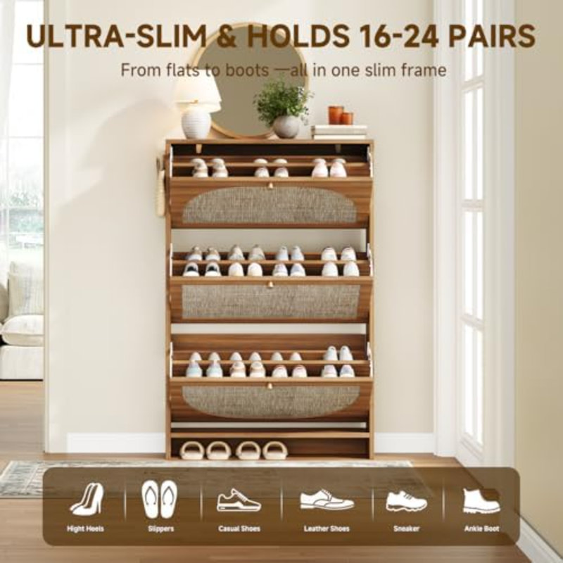 Freestanding  Slim Arched Rattan Accent Shoe Storage Cabinet For Entryway - 3 Flip Drawers & 3-Tier Adjustable Shelves, Farmhouse Modern Rustic Shoe Rack For Hallway Foyer,Oak