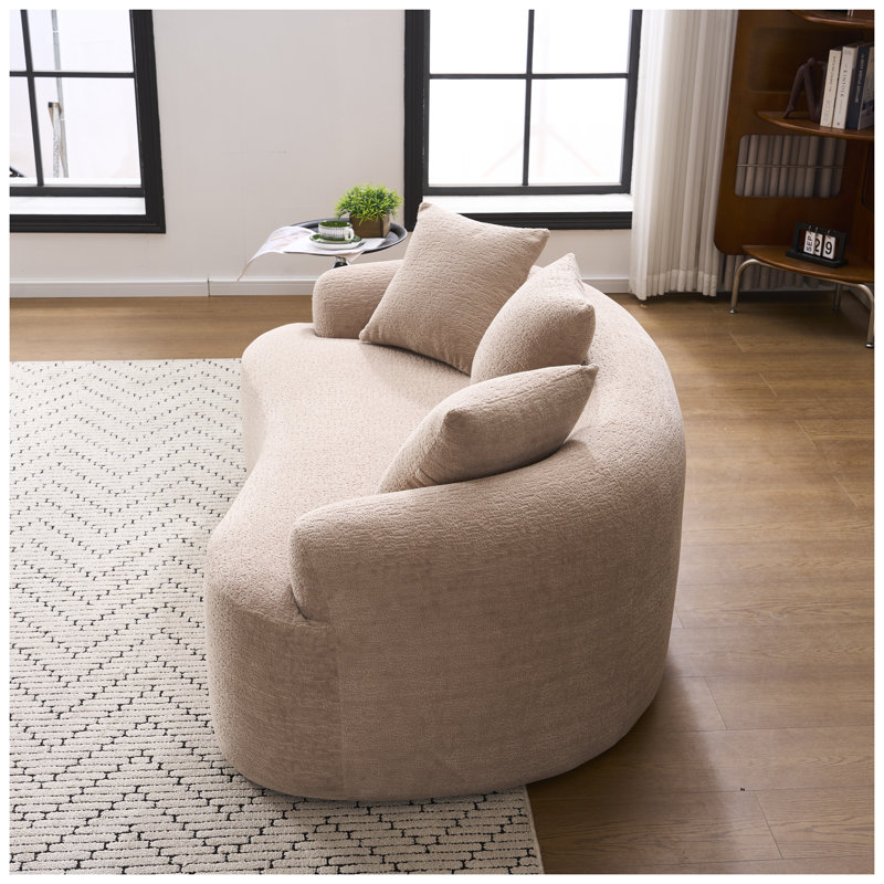 Canapé deux places incurvé en chenille crème abricot, aucun assemblage requis, design moderne compact pour petits espaces, avec 3 coussins décoratifs