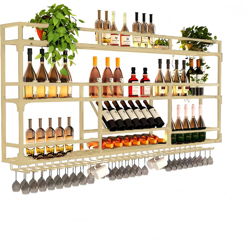 Support à vin mural en métal de 47 pouces avec éclairage à DEL - Support de rangement de vin à 3 niveaux avec support en verre - Présentoir à bouteilles peu encombrant
