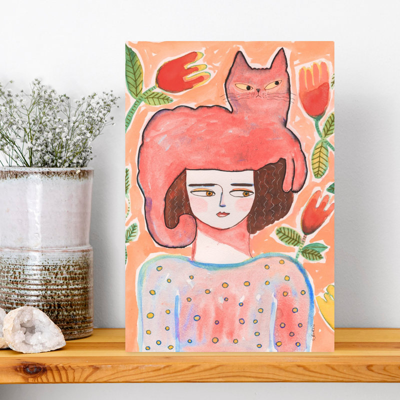Femme avec chat, abstrait, chat moderne, nature, art mural, 18" H x 12" W