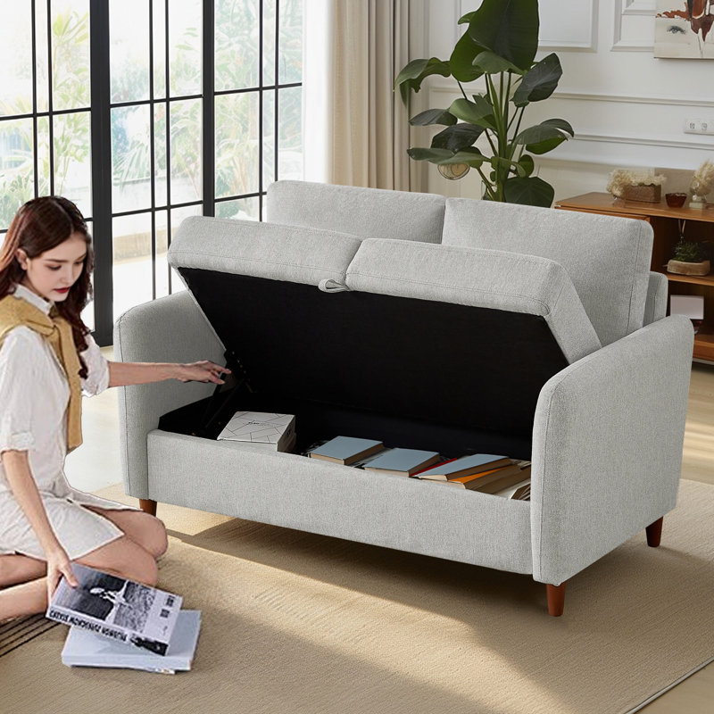 Linen Flared Arm Loveseat with Storage, Gray, 34.7" H x 56.3" W x 31.2" D