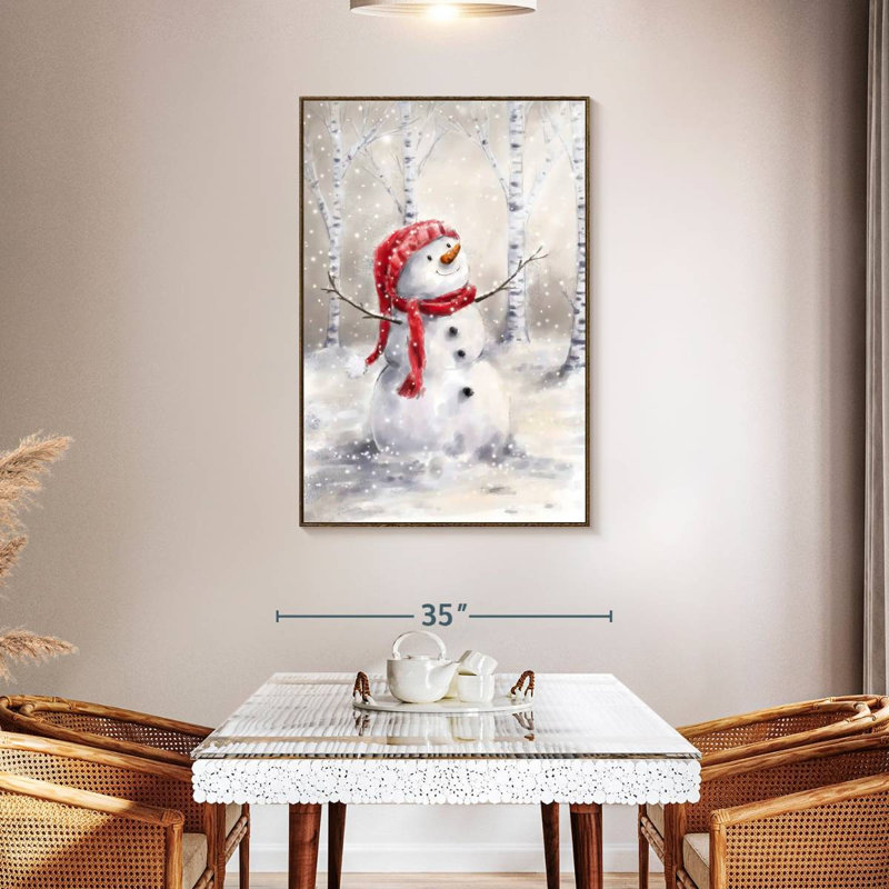 Bonhomme de neige en bois, Cadre flottant noyer, 31" x 46"