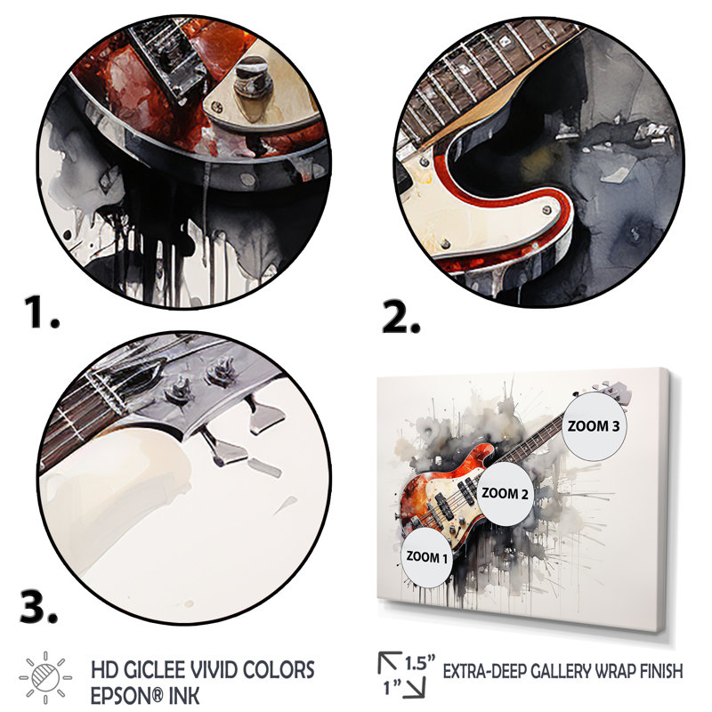 «Brown Charcoal Guitare», art mural musique, Cadre flottant doré, H 16 po x l 32 po x P 1 po