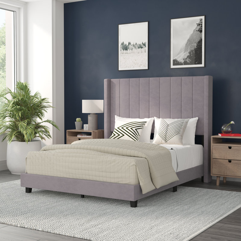 Upholstered Platform Bed with Vertical Stitched Wingback Headboard, Slatted Mattress Foundation, Gray, Full / Double