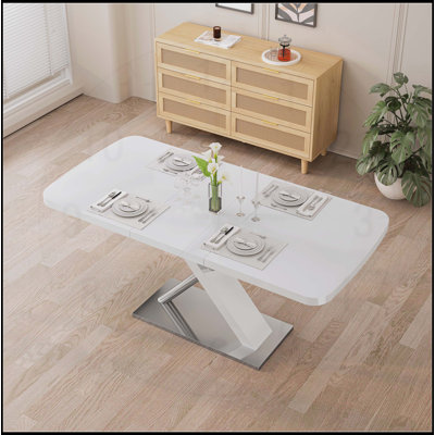Table de salle à manger rétractable avec base en métal, en bois, pour 4 à 6 personnes, parfaite pour les espaces flexibles et les espaces de salle à manger.