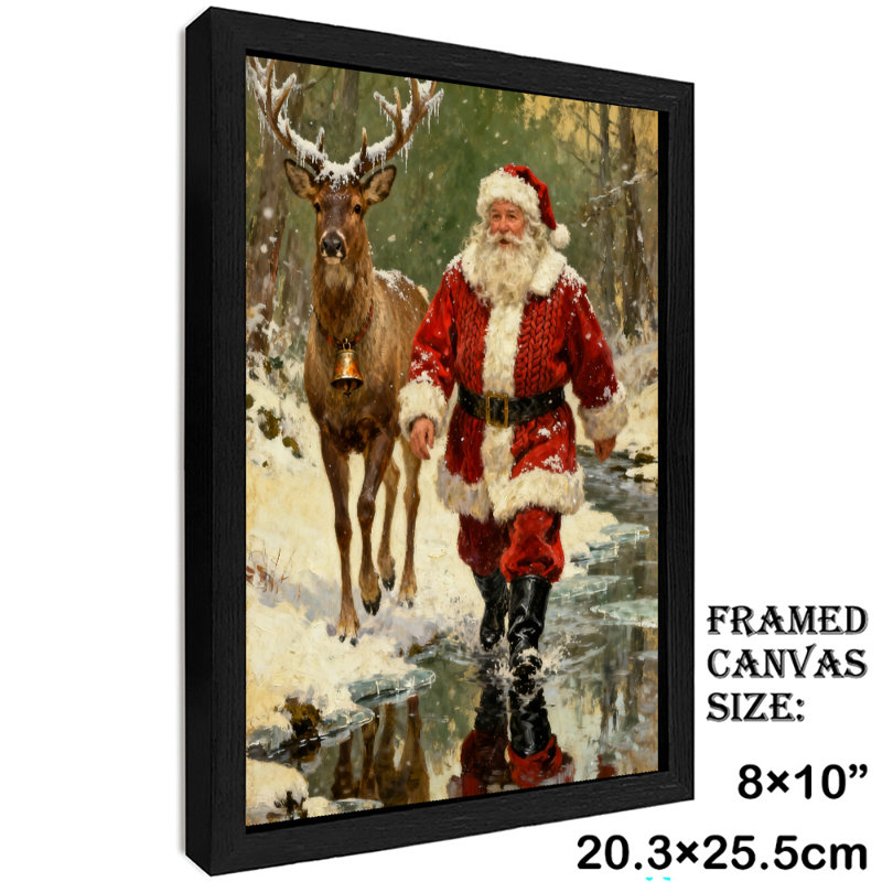 Père Noël rétro noir encadré avec art mural de style rétro, H 11 po x l 9 po