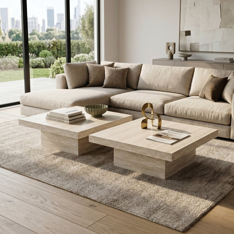 Caomhan Block Coffee Table, Travertine, 12.2" H x 35.4" L x 35.4" W