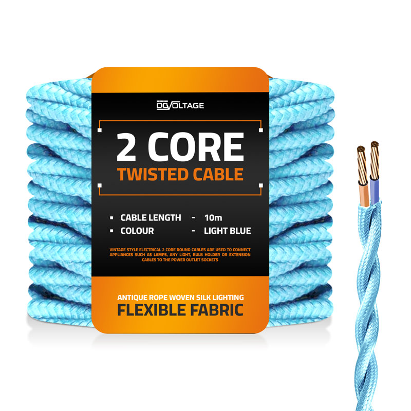 Arquan 2 Core Twisted Cable Fabric Flex Cord 0.75mm Braided Flexible Electrical UK Lighting Wire Cord / Cable, Light Blue