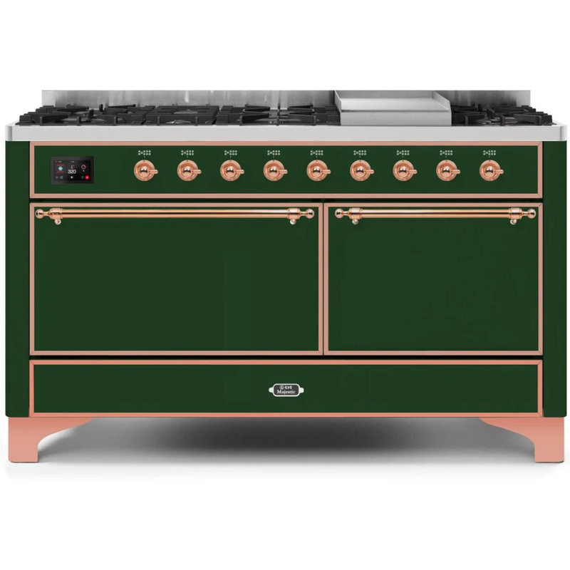 ILVE UM15FDQNS3BKCLP Majestic II 60 inch Dual Fuel Range with 9 Burners, Griddle (Liquid Propane, Solid Door, Glossy Black, Chrome)