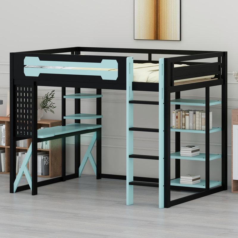 All-in-One Loft Bed System with Desk, Storage, Fast Charging & Customizable RGB Lights, Black+Blue