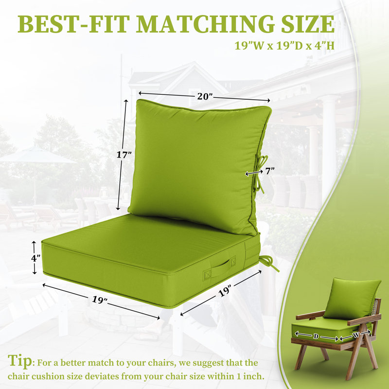 Outdoor Deep Seating Cushion Set Indoor And Outdoor Seat / Back Cushion, Grass Green, 19" W x 19" D