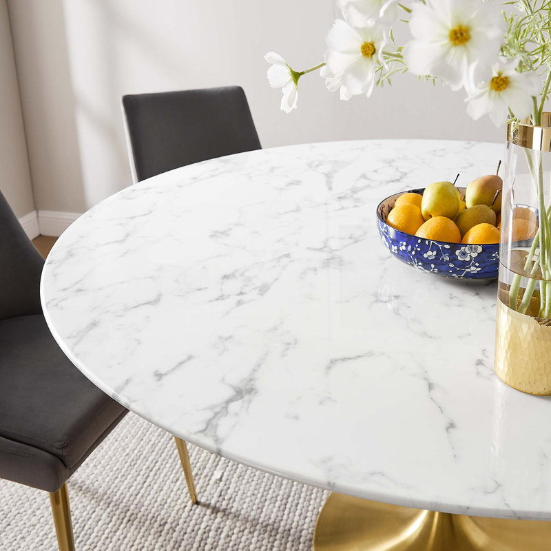  Table de salle à manger en marbre artificiel Lippa, Doré, H 29,5 po x L 60 po x l 60 po, Blanc