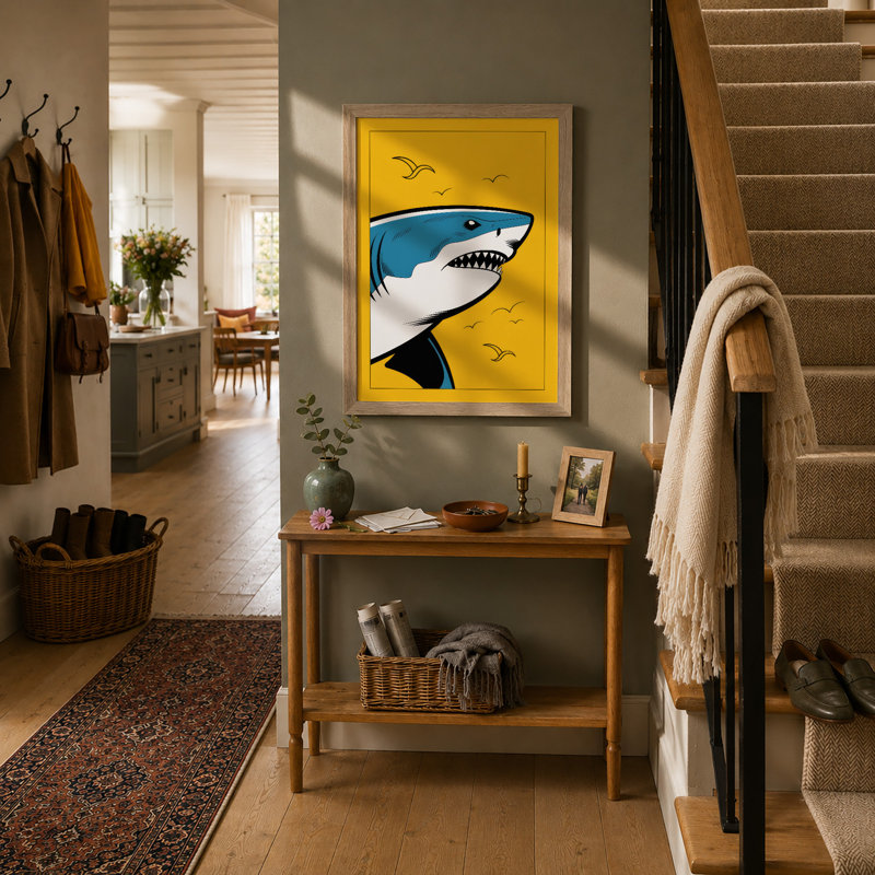 Shark In Yellow Sky Modern - Print, A1 - 84.1 x 59.4 cm, Oak