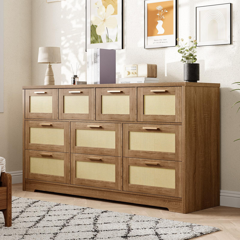 Commode 59 po en rotin de 10 po avec 10 tiroirs, commode en bois moderne avec poignées en métal, grande armoire de rangement pour la chambre à coucher, le salon, le couloir, la chambre de bébé