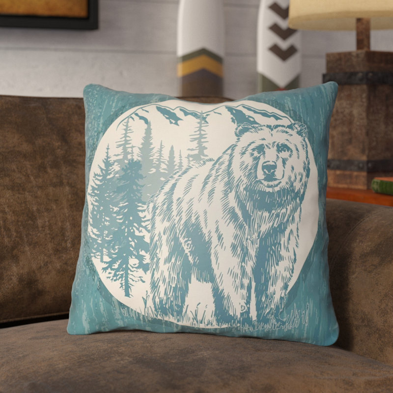 Lodge Cabin Bear Bear Throw Pillow, 20" H x 20" W, Forest Green/Beige